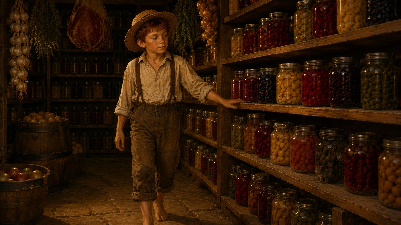 Tom in the preserves cellar among glowing jars