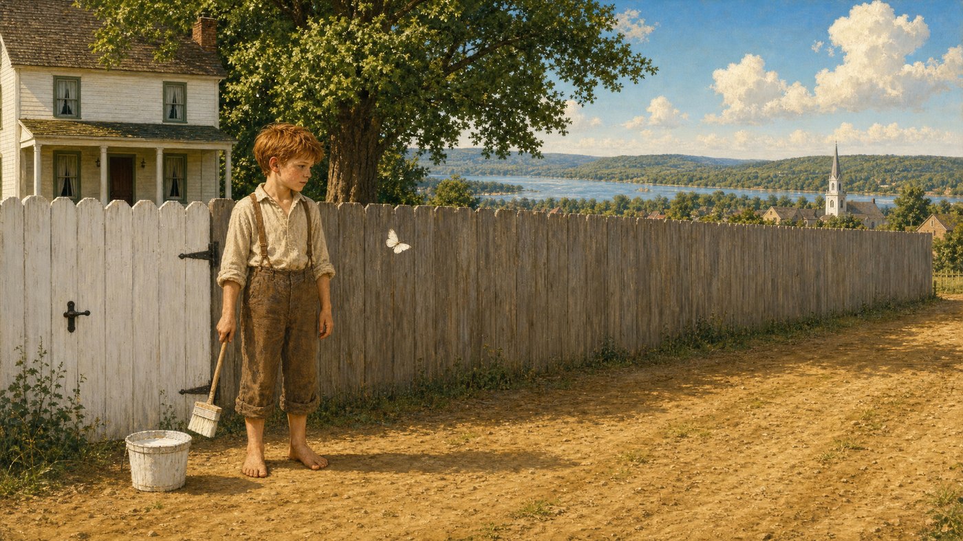 Tom faces the long unpainted fence, brush in hand