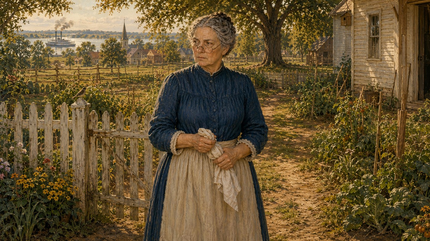 Aunt Polly in her garden, the river valley beyond