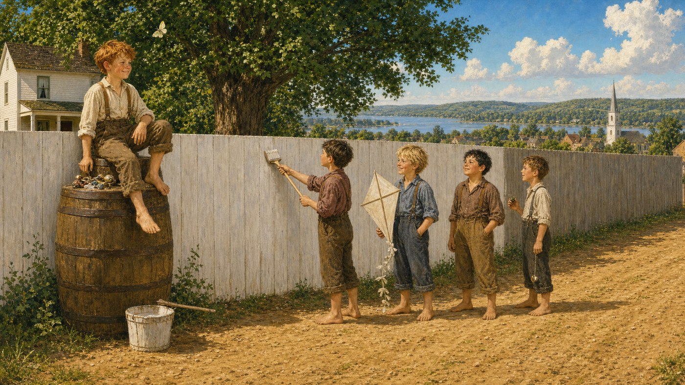 Tom presides from his barrel while the boys line up to whitewash