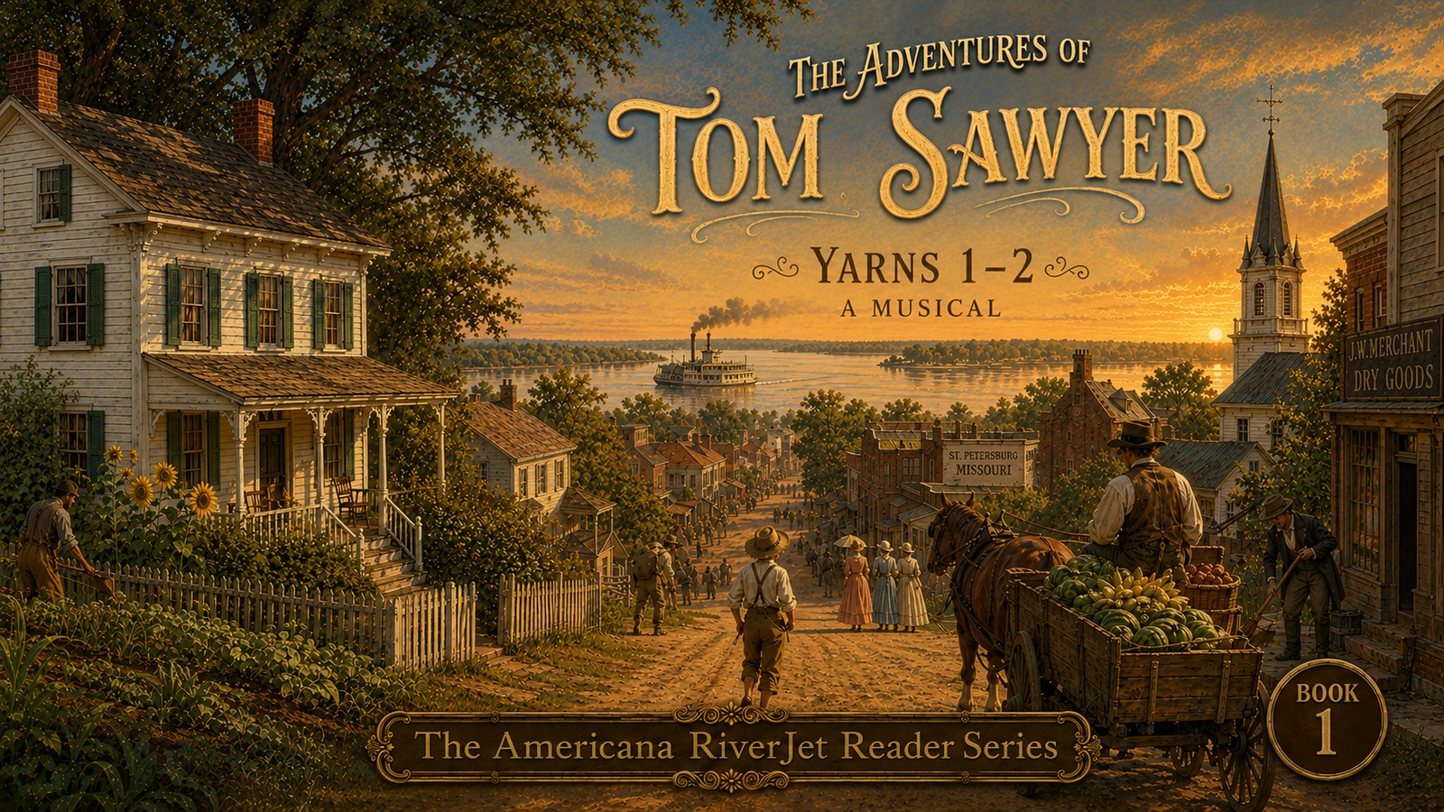 The Adventures of Tom Sawyer – A Musical, Book One cover art: Tom on the banks of the Mississippi