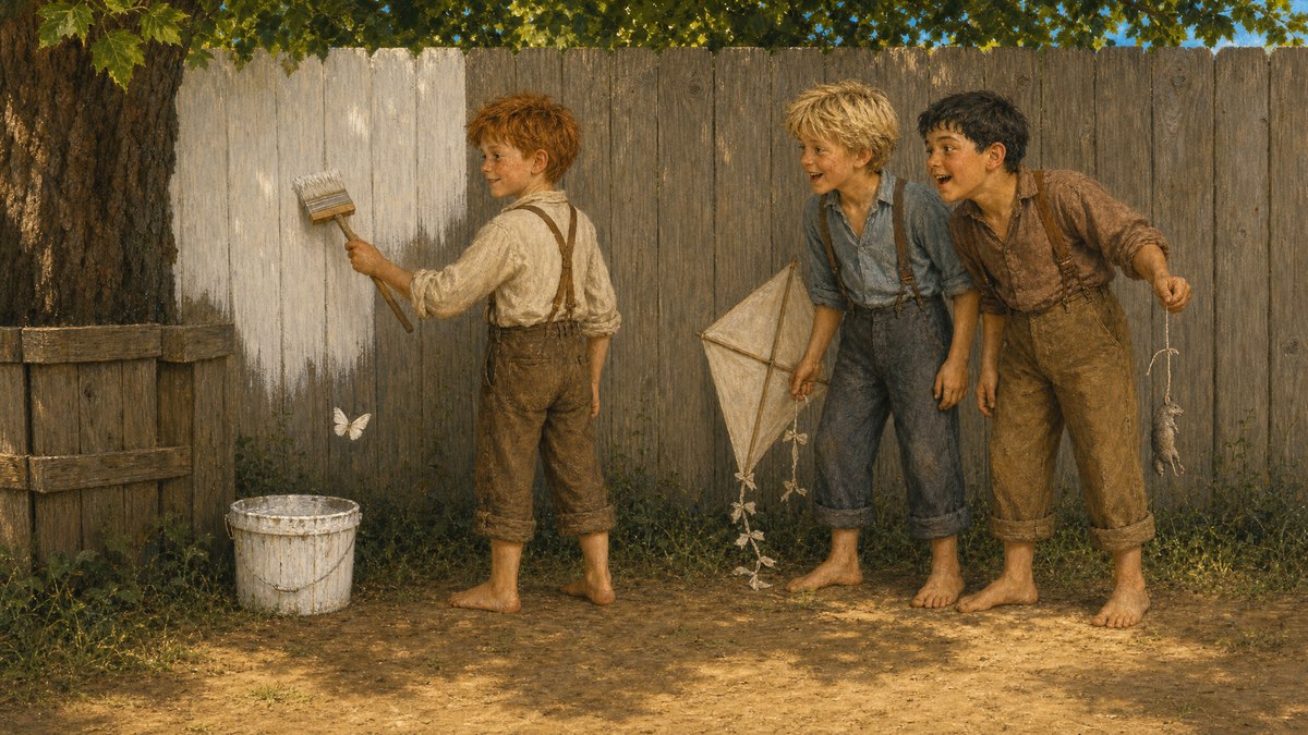 Book Four: the boys line up to whitewash the fence
